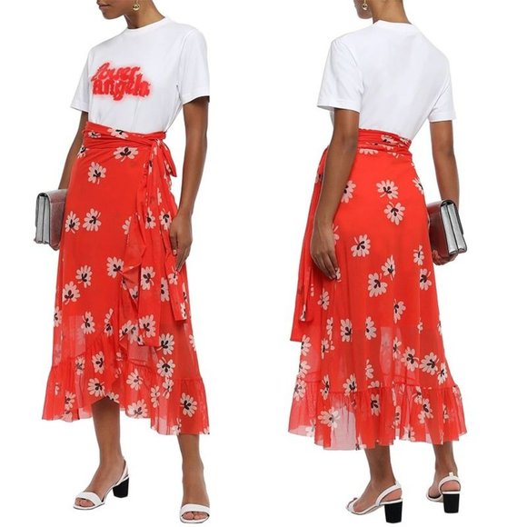 Ganni Dresses & Skirts - GANNI Tilden Tomato Red Floral-Print Stretch-Mesh Wrap Skirt Sz 36 / US 4